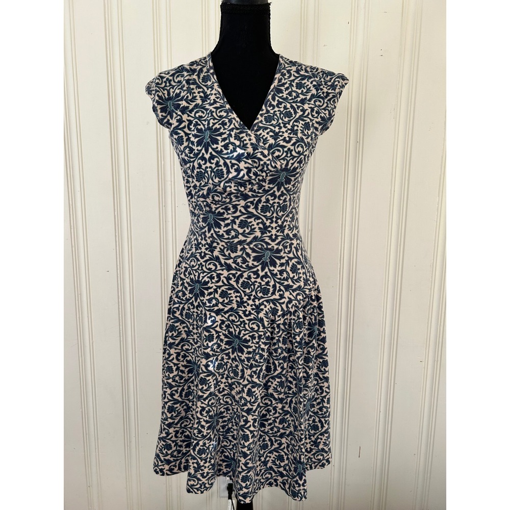Effies Heart SM Blue Cream Floral Damask V-Neck Fit and Flare Indie Retro Dress